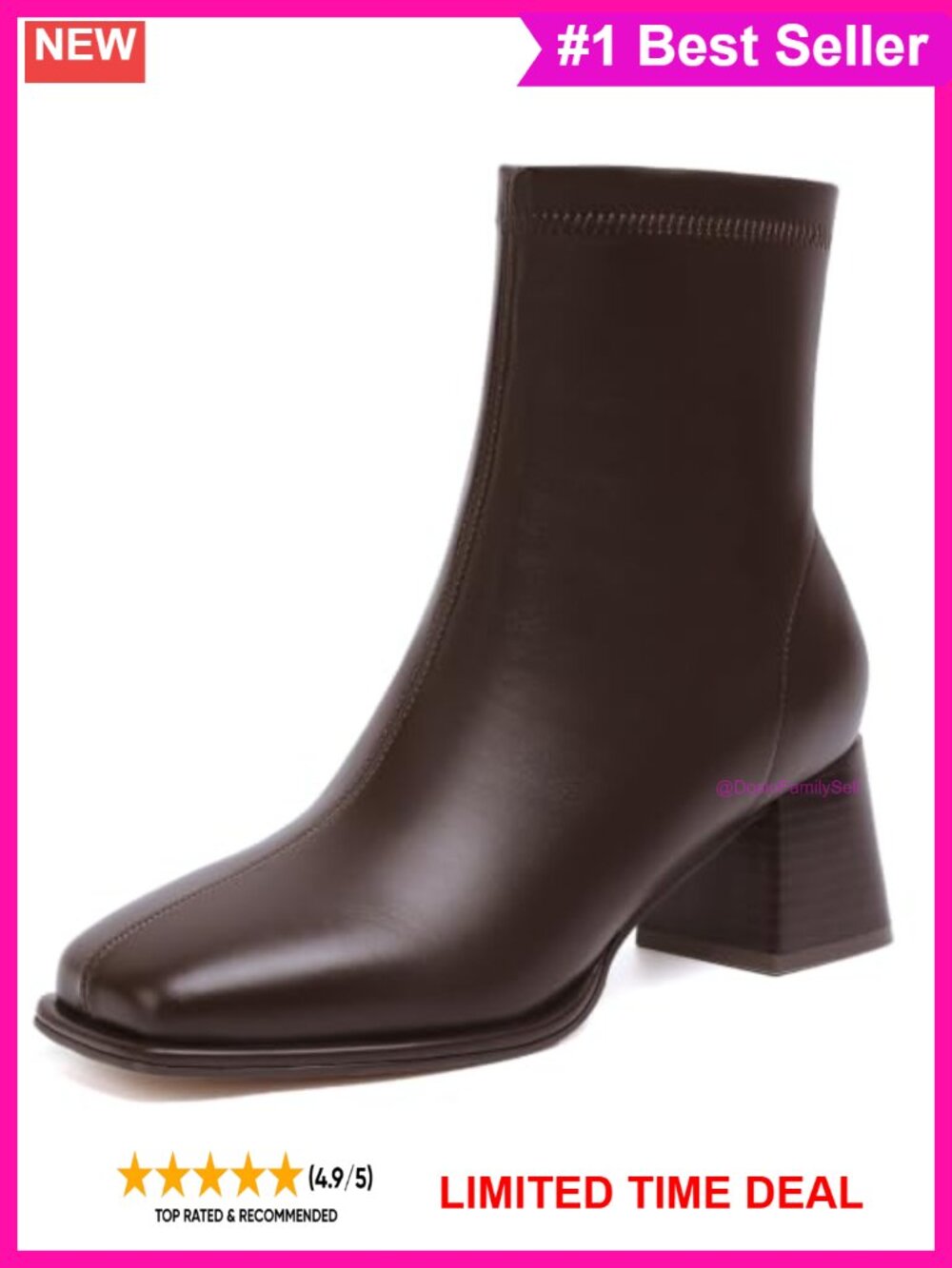 Faux Leather Square Toe Ankle Boots Side Zipper Block Heel Booties